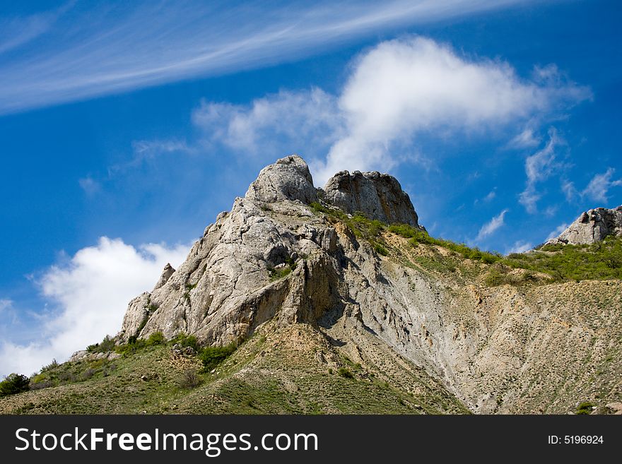 Mountain with cliff at top and blue sky with clouds above it. Mountain with cliff at top and blue sky with clouds above it