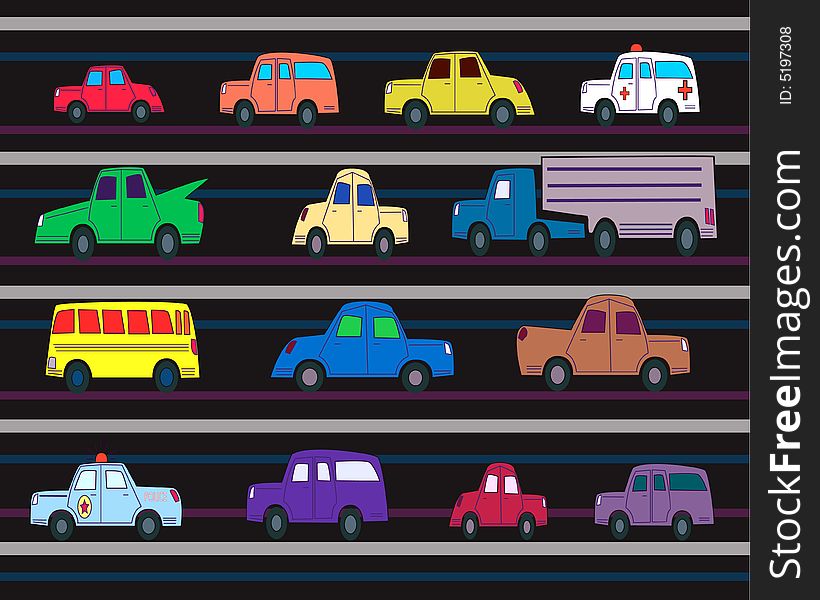 Assorted vehicles running on horizontal stripes. Assorted vehicles running on horizontal stripes
