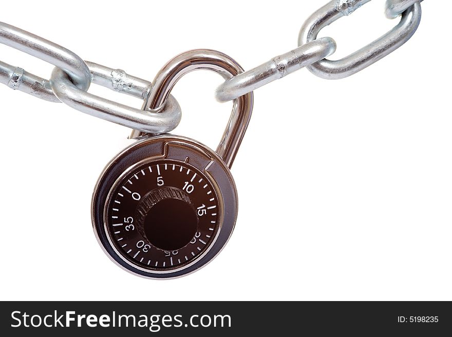 A combination lock and a silver chain on a white background with copy space, security concept. A combination lock and a silver chain on a white background with copy space, security concept