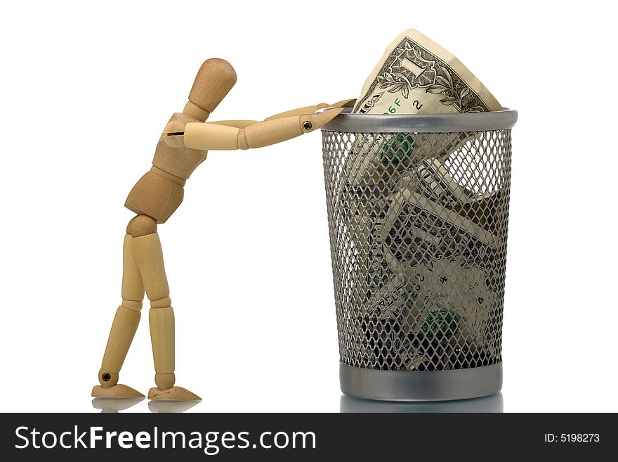 Manikin pushing mesh trash bin with dollar inside