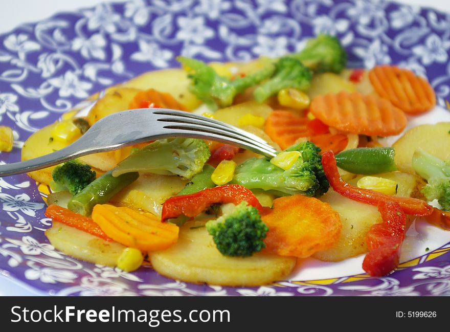 Vegetarian food. Vegetables fry on a plate