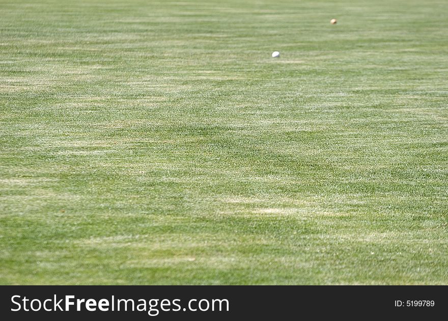 Fresh green grass in the outfield of a baseball field with two balls in the background