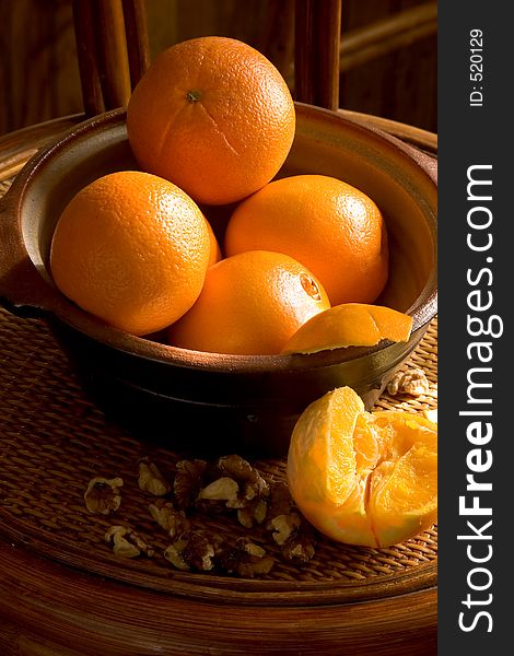 Low key stillife of oranges in a bowl