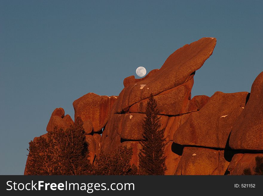 Sunset and moonrise, Vedauwoo rock climbing area, Medicine Bow National Forest, Wyoming. Sunset and moonrise, Vedauwoo rock climbing area, Medicine Bow National Forest, Wyoming