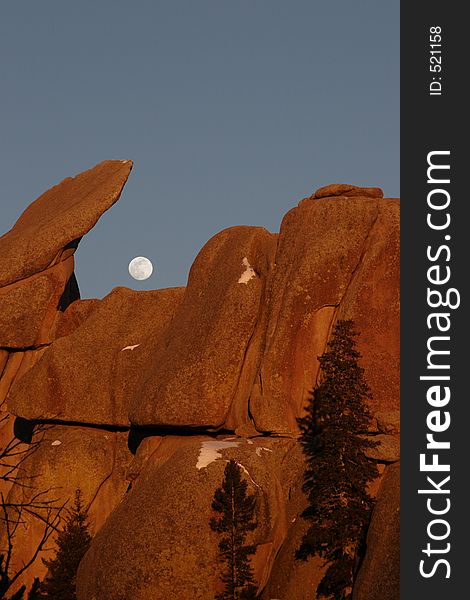 Sunset and moonrise, Vedauwoo rock climbing area, Medicine Bow National Forest, Wyoming. Sunset and moonrise, Vedauwoo rock climbing area, Medicine Bow National Forest, Wyoming
