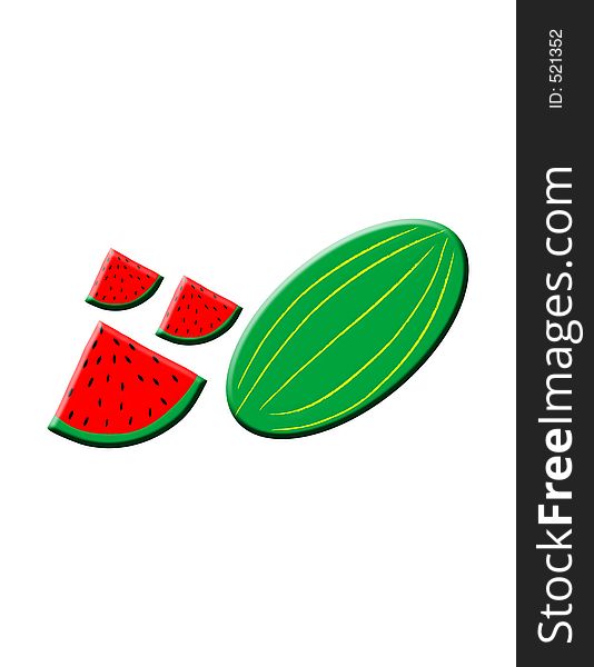 Watermelon,whole and pieces,over white background, illustration.