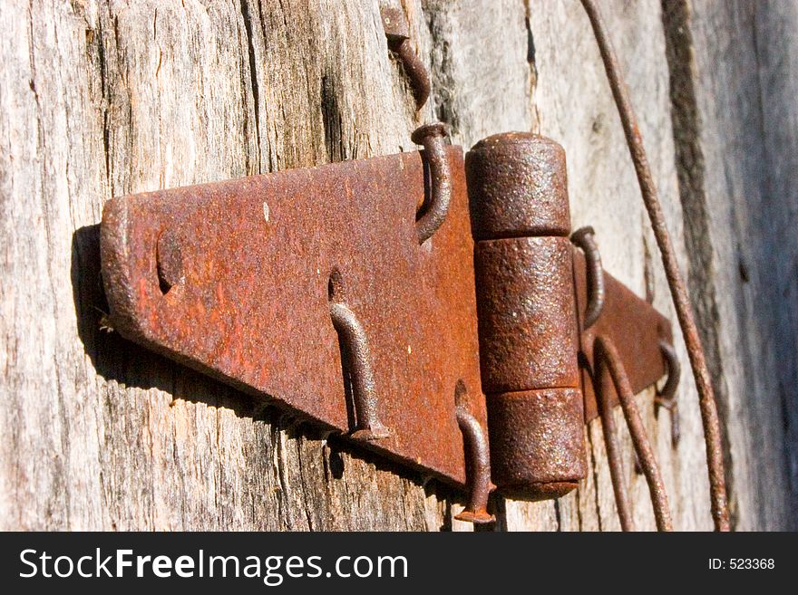 An old hinge on an old shed is anchored by rusty nails. An old hinge on an old shed is anchored by rusty nails