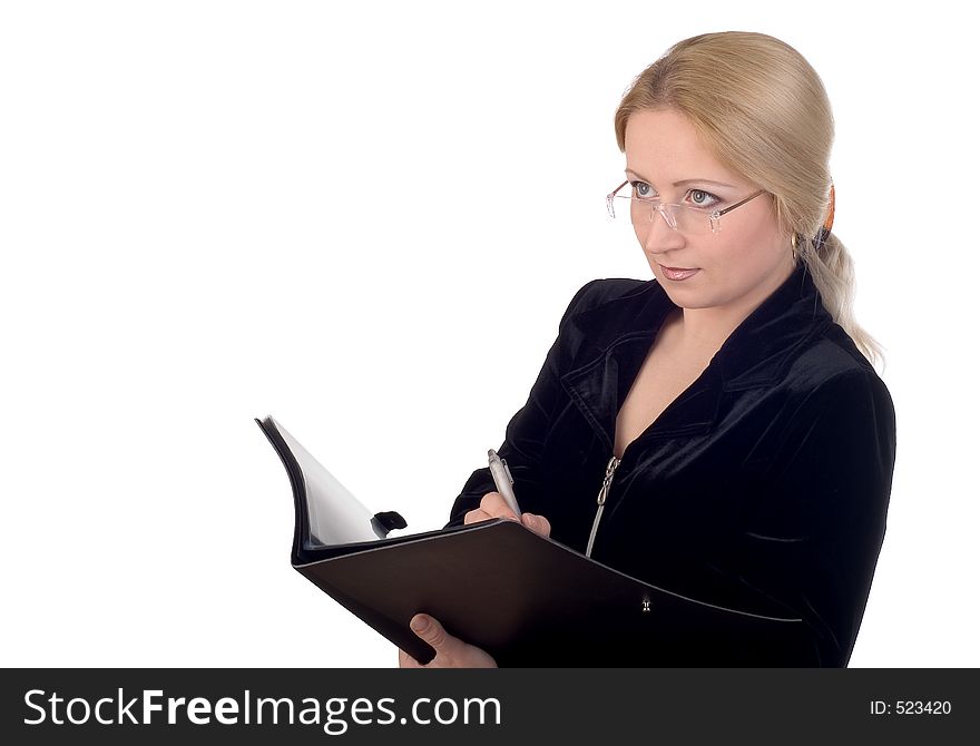 Business woman with a notepad wearing glasses