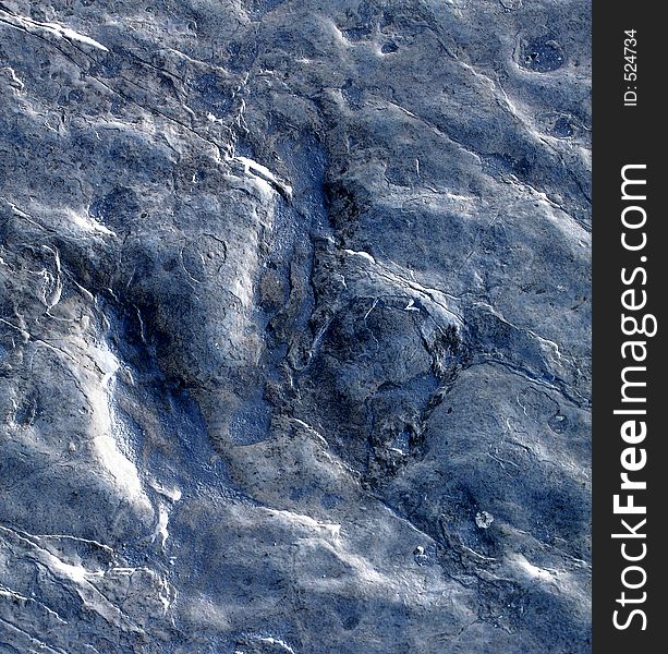 This is a real Dinosaur footprint that is imprinted within a sedimentary rock bed. This three-toed track is about 167 million years old. Toned blue for effect. Perhaps would be useful for various textures and backgrounds.