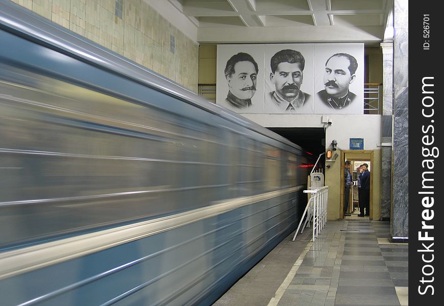 Subway train arrives to station. Russia