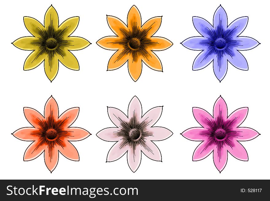 Six flowers done are illustrated and appear here in a variety of colors. They are festive and can be altered to make a bouquet in most graphics editing programs. Six flowers done are illustrated and appear here in a variety of colors. They are festive and can be altered to make a bouquet in most graphics editing programs.