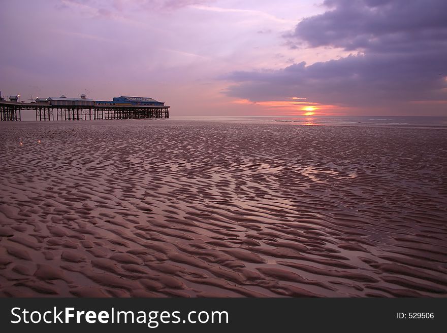 Blackpool pier in sunset, low viewpoint