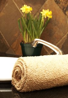 Rolled Up Towel And Flowers In The Bathroom Royalty Free Stock Photo Rolled Up Towel And Flowers In The Bathroom Royalty Free Stock Photo