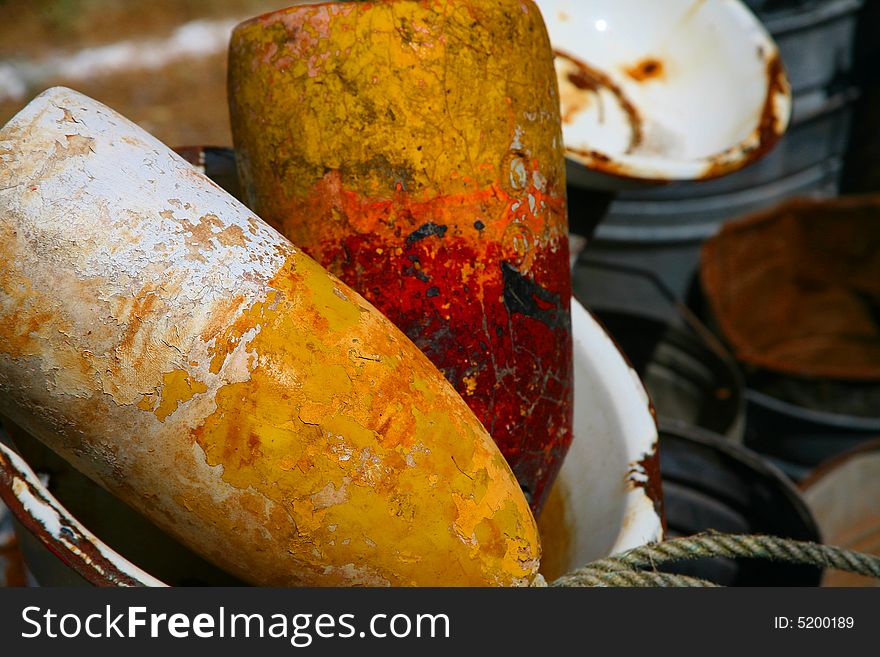 Old Buoys with Chipped Crackled Paint at Swap Meet