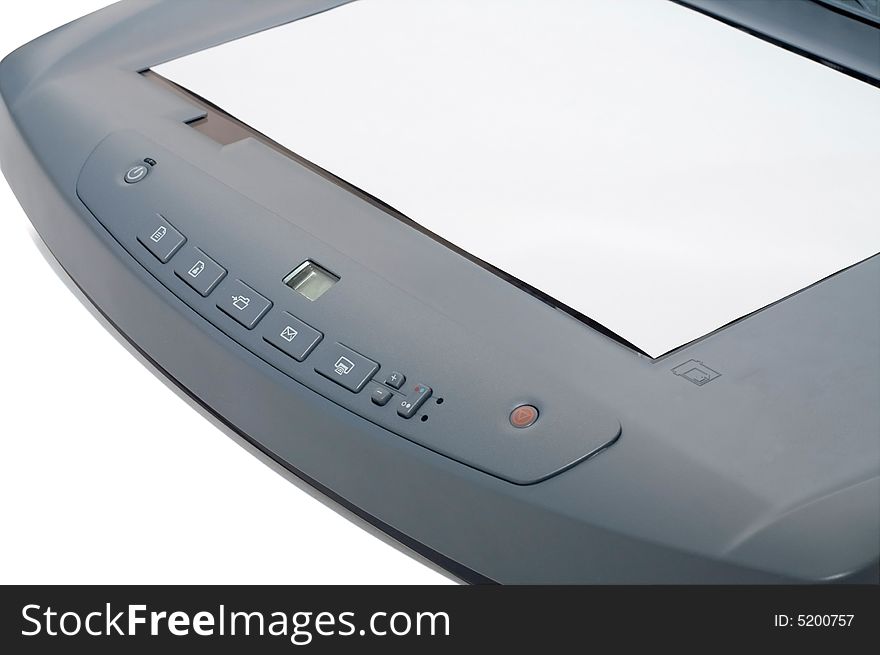 Multifunctional flatbed scanner closeup isolated on white