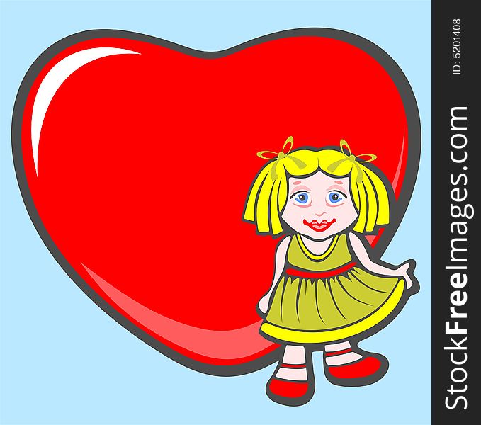 Cartoon little girl and ornate heart on a blue background. Cartoon little girl and ornate heart on a blue background.