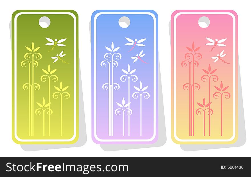 Three ornate price tags with floral pattern and dragonflies isolated on a white background. Three ornate price tags with floral pattern and dragonflies isolated on a white background.