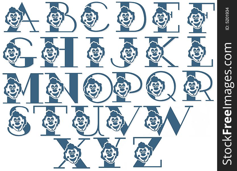 Beautiful blue alphabet with clown