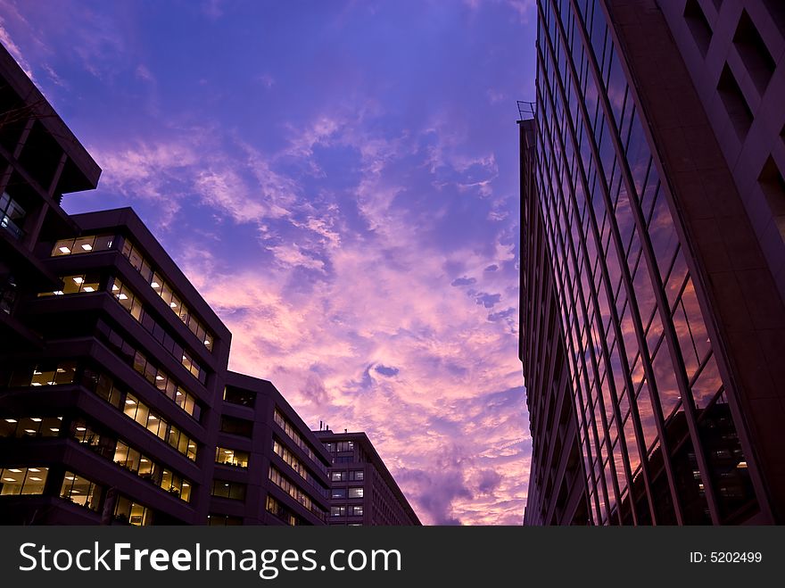 Working late in the office at sunset