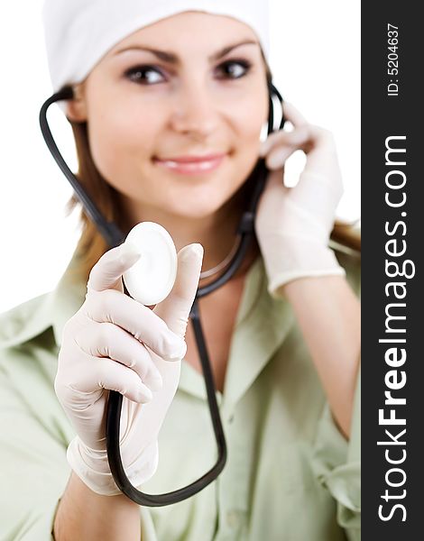 An image of smiling woman with stethoscope. An image of smiling woman with stethoscope