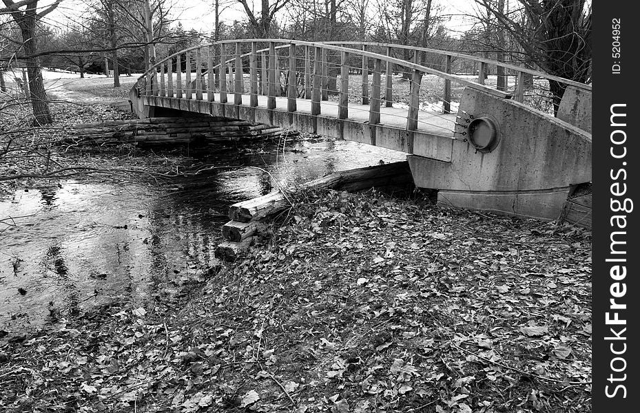 Bridge over a river on a park in black and white