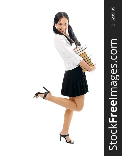 Happy student woman with book on white