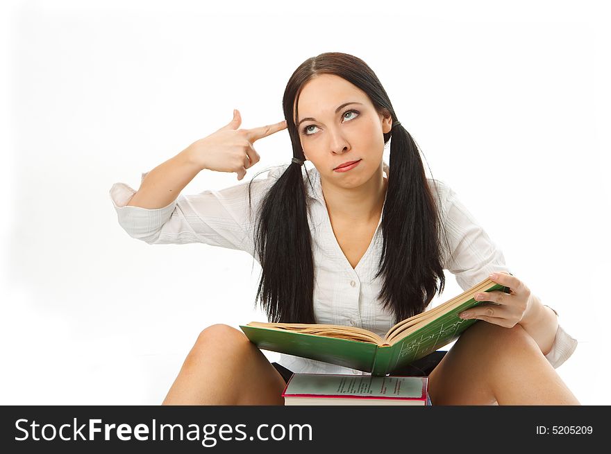 Student girl with book on white background