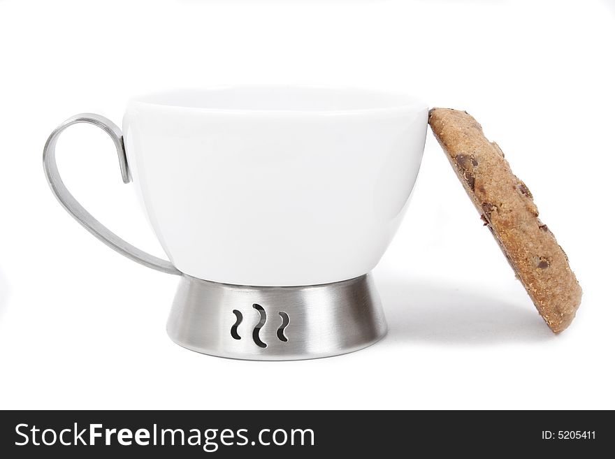 White cup and chocolate cookie isolated on white background