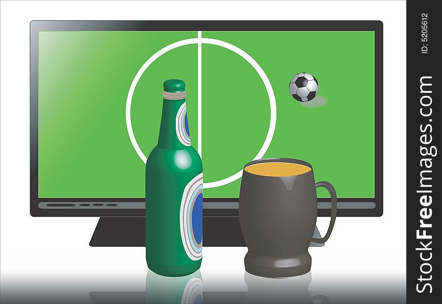 Bottle and glass of beer on a background of game in football on the TV.
