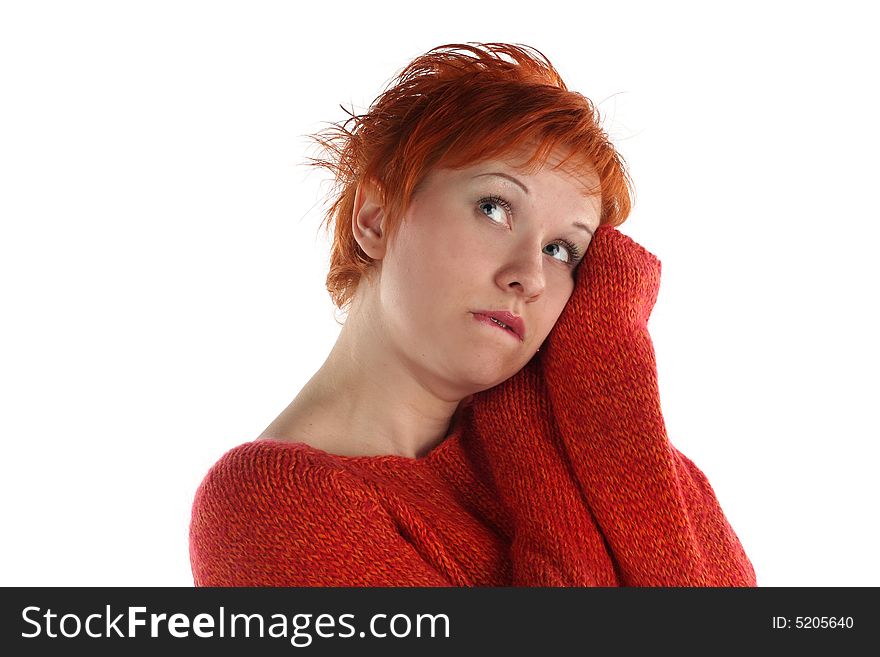 Sad red haired woman isolated on white background