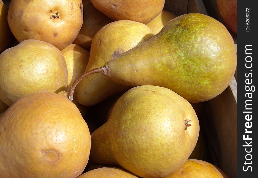 Organic pears displayed at the Union Square Farmers Market, New York City.