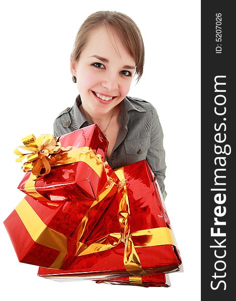 Portrait of a young woman with gifts. Shot in studio. Portrait of a young woman with gifts. Shot in studio.