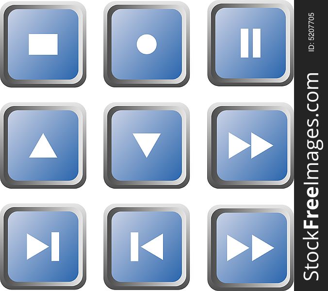 Set of nine blue web buttons depicting multimedia/audio/video player elements; isolated. Set of nine blue web buttons depicting multimedia/audio/video player elements; isolated