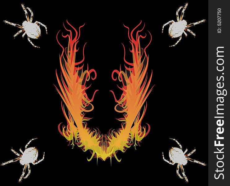 Photo with the image of four spiders on corners and fire in the middle. Photo with the image of four spiders on corners and fire in the middle