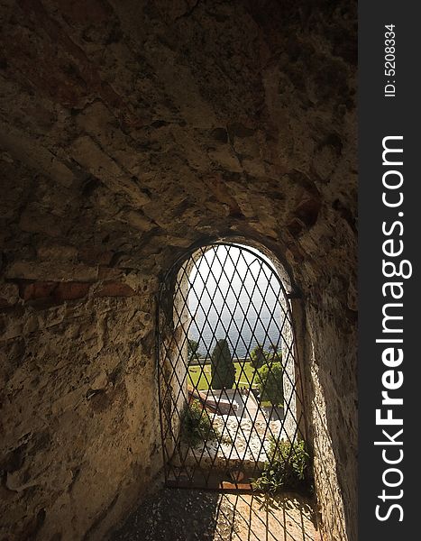 A view of Rovinj, Croatia, from the inside of the church tower. A view of Rovinj, Croatia, from the inside of the church tower