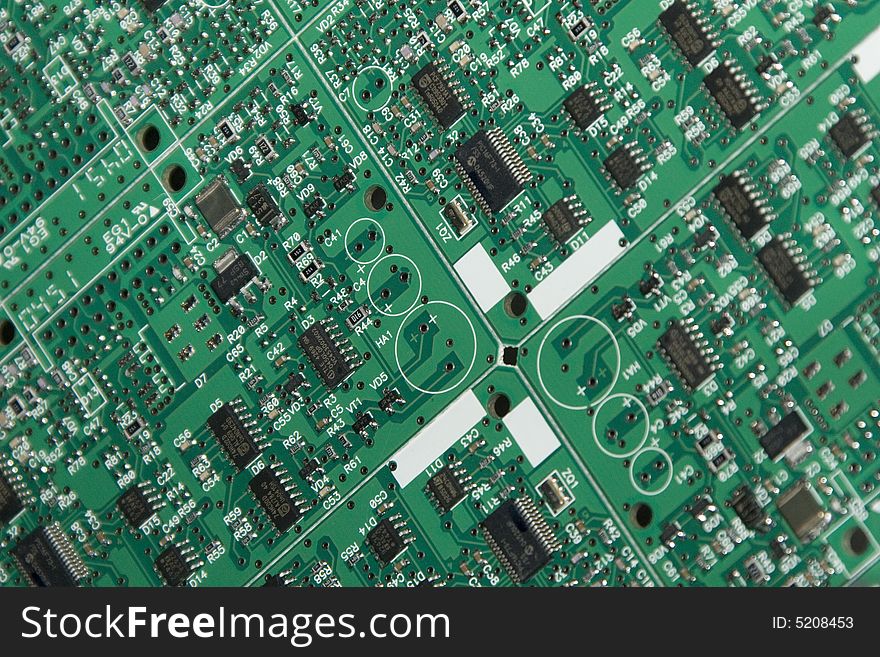 The printed-circuit-board with green mask. The printed-circuit-board with green mask.