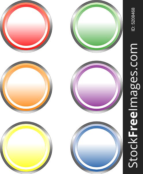 Set of six circle-shaped web buttons in bright colors, glossy effect. Set of six circle-shaped web buttons in bright colors, glossy effect