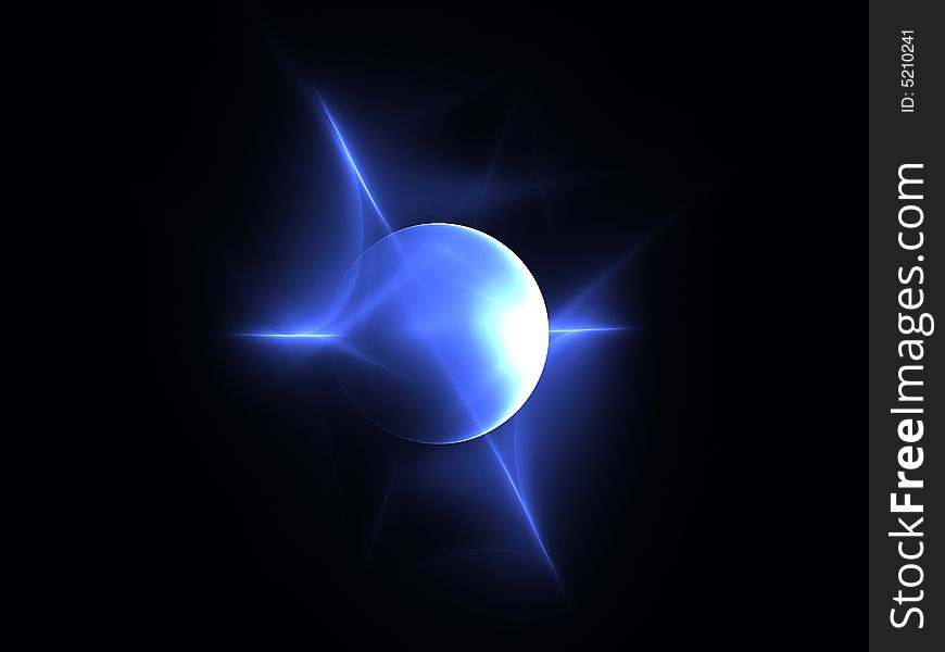 A blue sphere with points of light and what appears to be a light source of the sun. A blue sphere with points of light and what appears to be a light source of the sun.