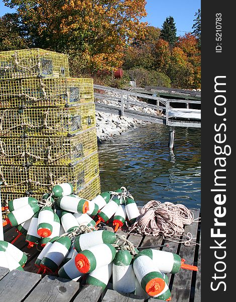 Lobster boxes on pier in Maine. Lobster boxes on pier in Maine