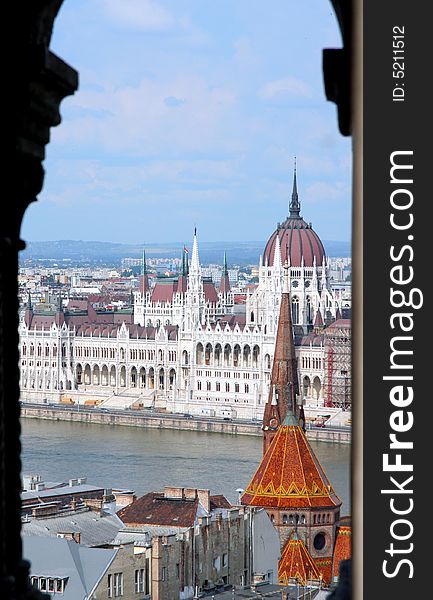 View of Hungary's magnificently ornate parliament building in Budapest from across the Danube. View of Hungary's magnificently ornate parliament building in Budapest from across the Danube