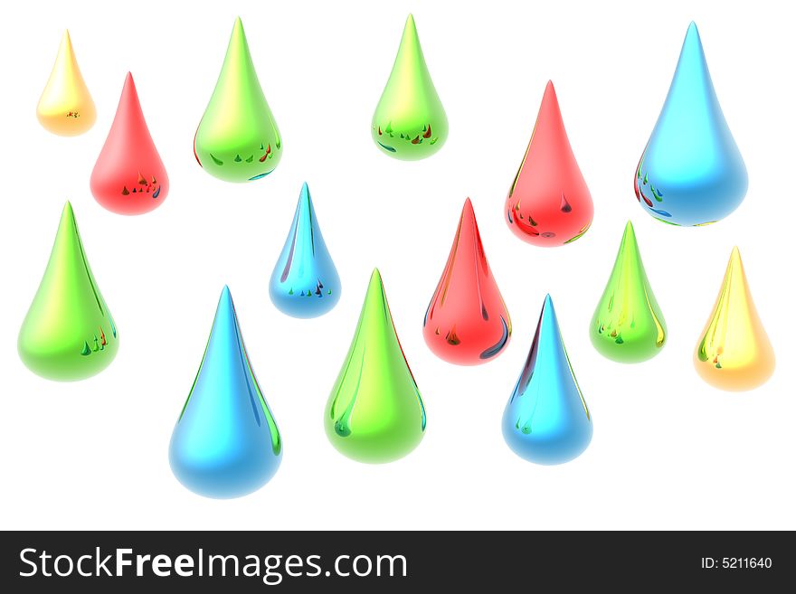 Color water drops isolated in white background