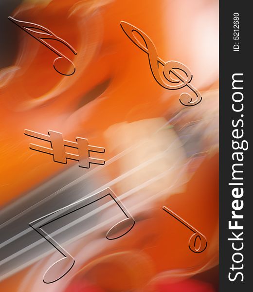 Musical notes float over blurred violin background. Musical notes float over blurred violin background