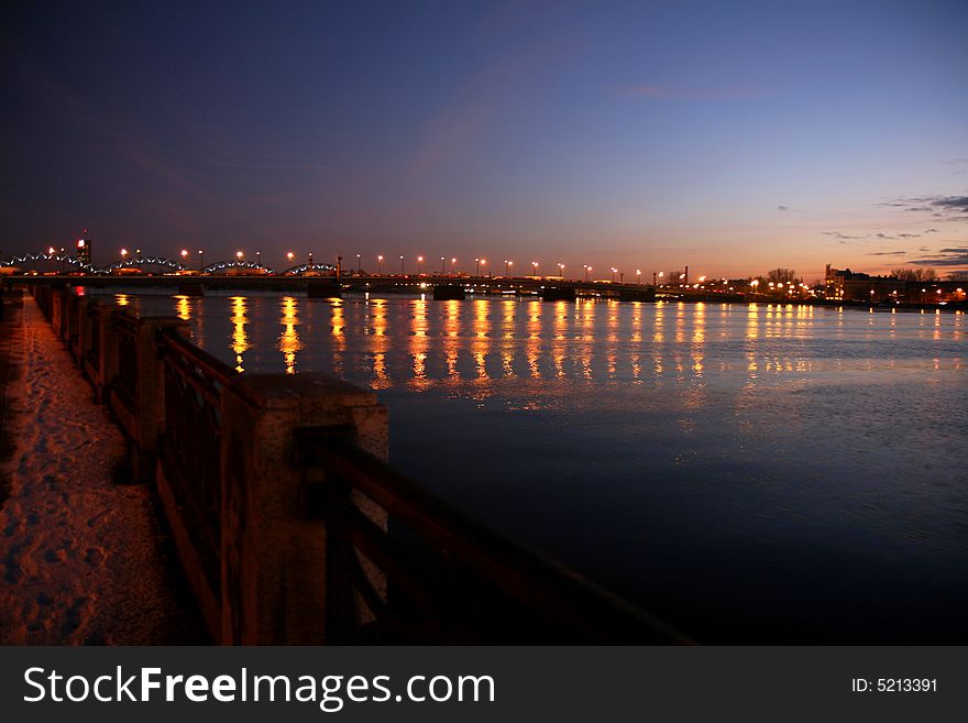 River Daugava,night Riga,mirror