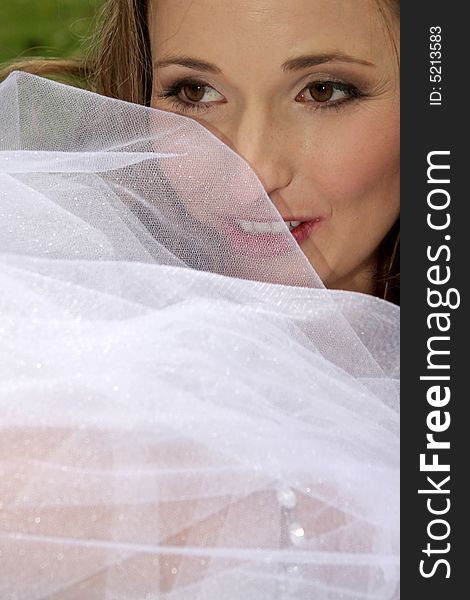 A bride with her face behind her veil