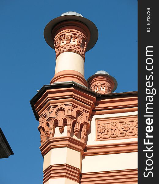 A fragment of the Big Chorale Synagogue.Turret on the blue sky background. Saint-Petersbourg. A fragment of the Big Chorale Synagogue.Turret on the blue sky background. Saint-Petersbourg.