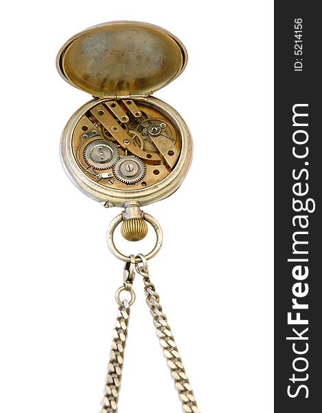 Old pocket watch with open other side (clockwork) on overwhite background. Old pocket watch with open other side (clockwork) on overwhite background.