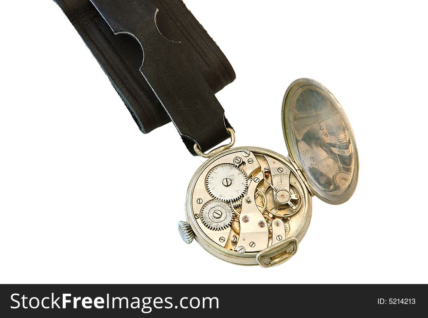 Old watch with open other side (clockwork) on overwhite background. Old watch with open other side (clockwork) on overwhite background.