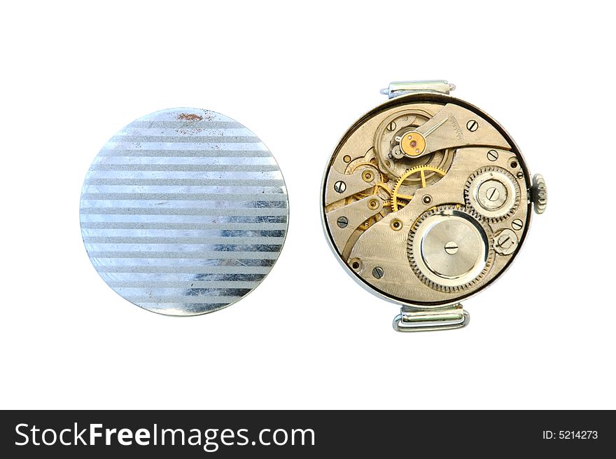 Old watch with open other side (clockwork) on overwhite background. Old watch with open other side (clockwork) on overwhite background.