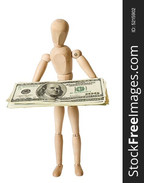 The wooden figure holds dollars.Isolated on white [with clipping path]. The wooden figure holds dollars.Isolated on white [with clipping path].