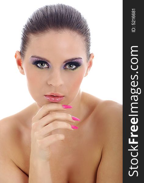 Close-up portrait of beautiful woman with professional makeup.